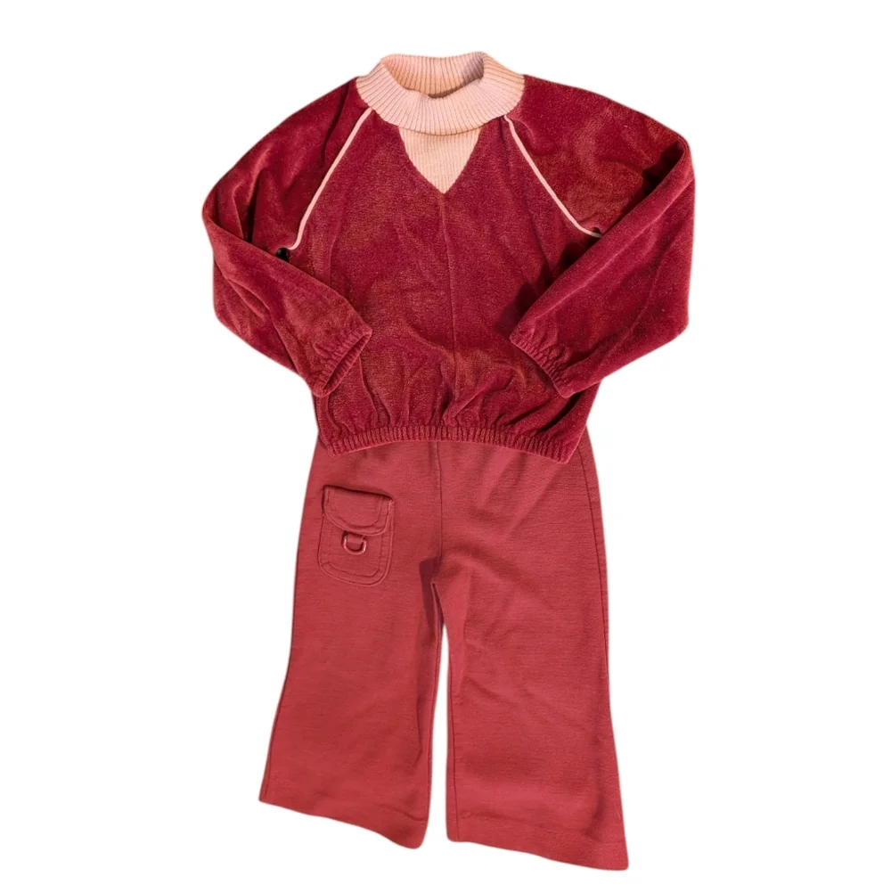 70s 80s Vintage Aileen‎ Girl Red Velour 2 Piece Matching Suit Set 3 Toddler